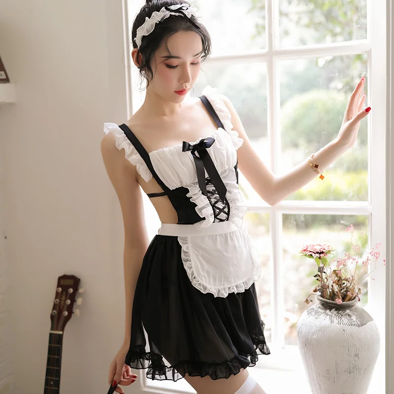 

Cute Anime Maid Costumes Chiffon Ruffle Dress with Panty Headwear Apron Women Sexy Gothic Dress Lingerie Uniform