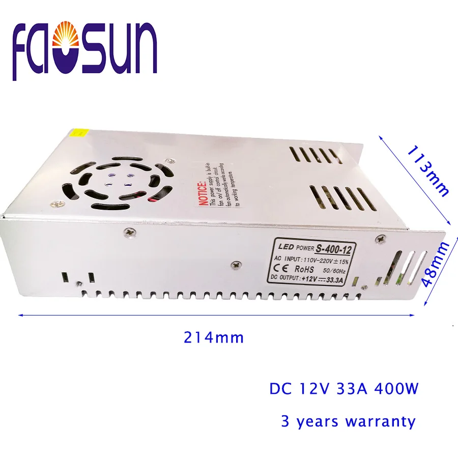 LED Strip DC to AC 12V 33A 400W Switching Power Supply Light Display AC LED PSUs Metal Case 400W.