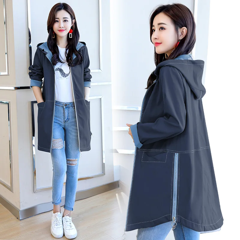 Goedkoop Grote Maat Vrouwen Mid lengte Trenchcoat 2019 Lente Herfst Nieuwe Outwears Vrouwelijke Lange Mouwen Rits Solid Pockets windbreake Top