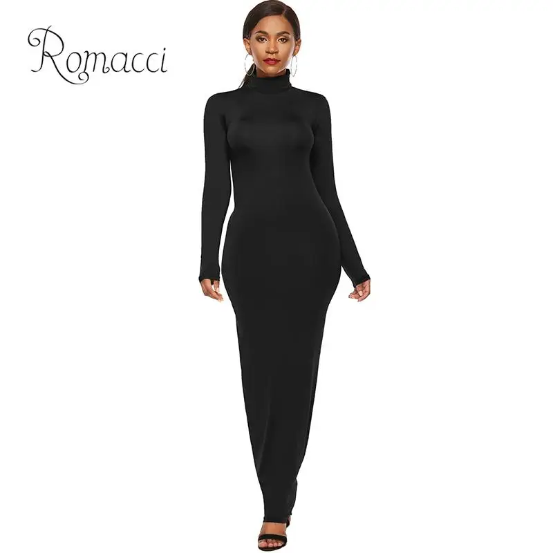 Women Plus Size Dress Stretchy Solid Turtleneck Long Sleeve Slim Bandage Maxi Dress For Women Elegant Dresses Woman Party Night