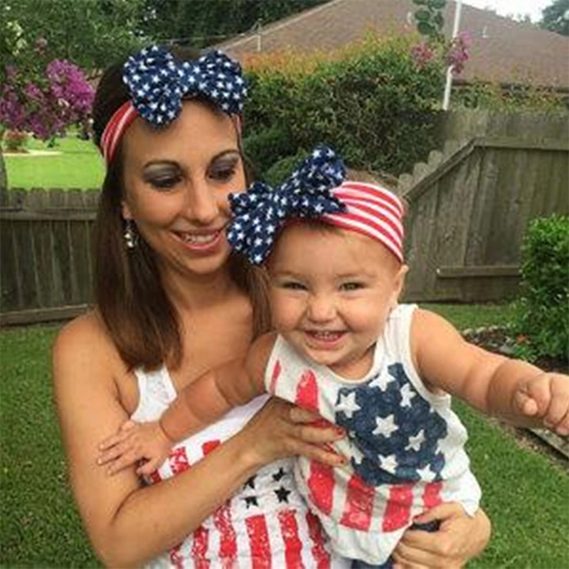 

2pcs/set Mom and Me Headband 4th of July America Headband Patriotic Red White Blue 5" Big Messy Sequin Bow  hair accessories
