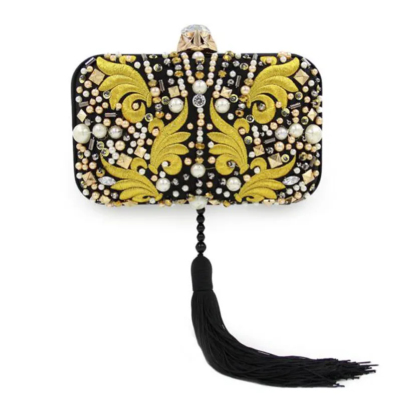 Women Clutch Bag Ladies Tassel Evening Bags Embroidery Beaded Clutches