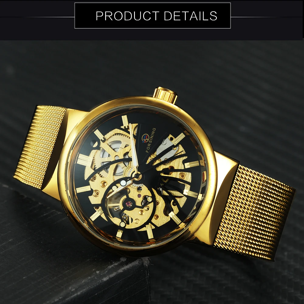 Goedkoop HOT FORSINING Top Merk Luxe Mannen Mechanische Horloge Skeleton Dial Golden Royal Mode Dunne Unisex Mesh KLEINE POLS HORLOGES