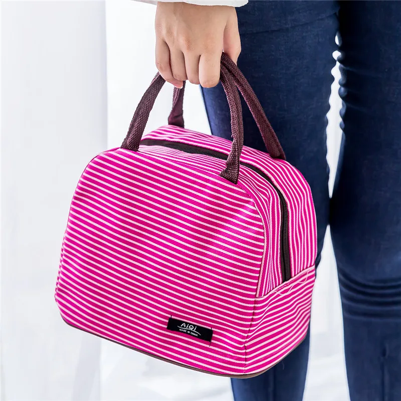 Leisure Women Portable Lunch Bag Canvas Stripe Insulated Cooler Thermal Food Picnic Box Tote