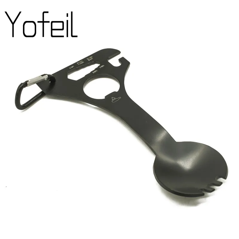 Al aire libre de acero inoxidable de Multi función EDC llave hexagonal abrelatas de botella mosquetón cuchara tenedor Camping Picnic vajilla táctico Spork