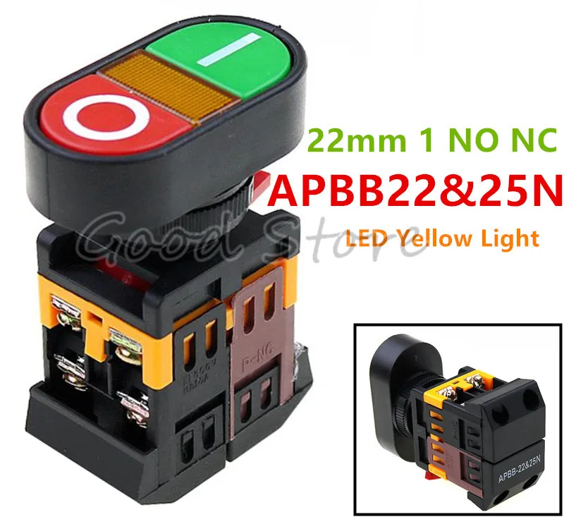 220 В переменного тока светодиодный желтый светильник вкл/выкл старт/стоп Мгновенный кнопочный переключатель 22 мм 1 НЗ APBB-22N