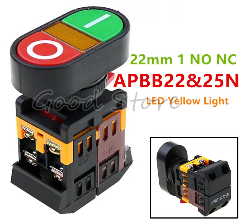 

220V AC LED Yellow Light ON/OFF START STOP Momentary Push Button Switch 22mm 1 NO NC APBB-22N
