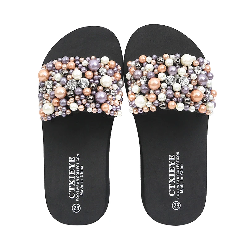 Children Summer Kids Slippers Comfortable Fashion Rhinestone Venetian Pearl Girls Beach Shoes Sequins Bling Casual Home Shoes