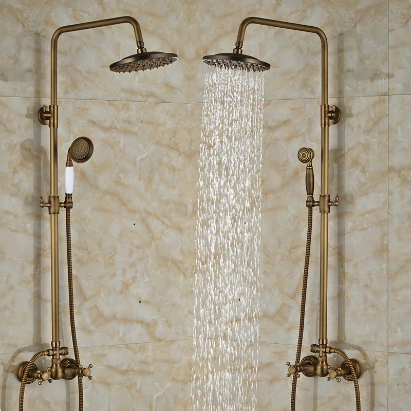 2016 Promotion Antique Brass Bathroom Shower Mixer Taps with 8" Shower Head + Handheld Showerin