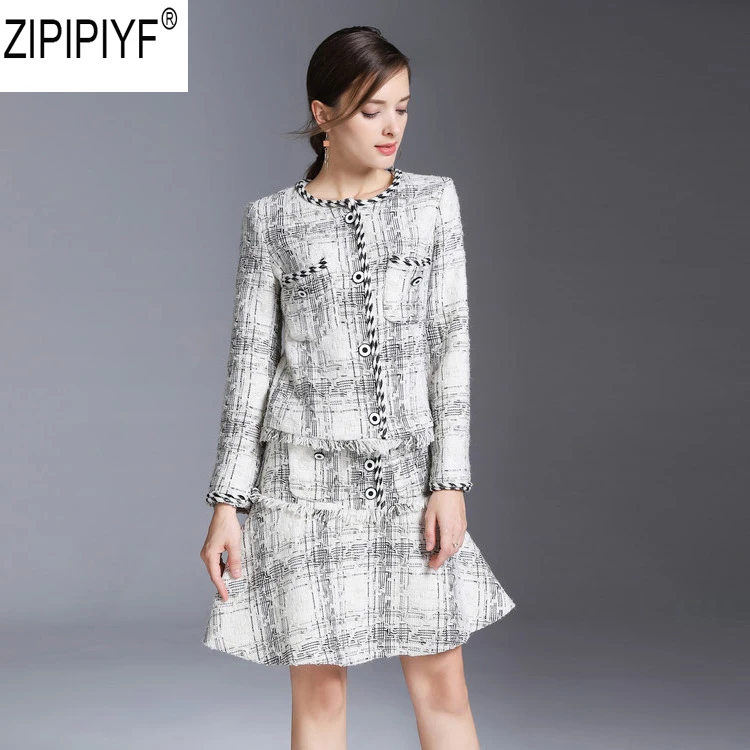 2018 Winter Autumn Women Suits 2 Piece Set Plaid Jacket Skirt Suit Slim