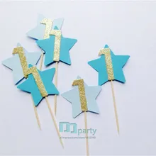 20 шт золотой блеск и синий номер звезды украшения для кексов-1-й день рождения, пользовательские номер украшения для кексов, мальчики первые Вечерние