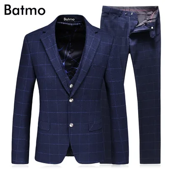 

Batmo 2017 new arrival High quality wool plaid blue men's wedding dress,casual suit men,men's Business suits,plus-size