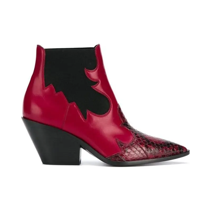 

US4-11 Womens Pointed Toe Snake Pattern Ankle Boots Chunky Heel Chelsea Western Shoes Pull On 2Colors Plus Size A1367