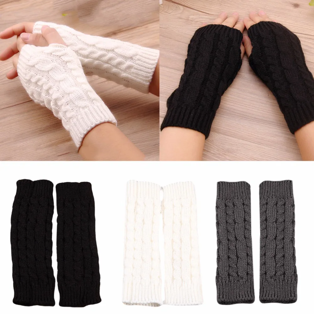 Women Winter Knitted Arm Sleeve Gloves Weaved Braid Solid Fingerless