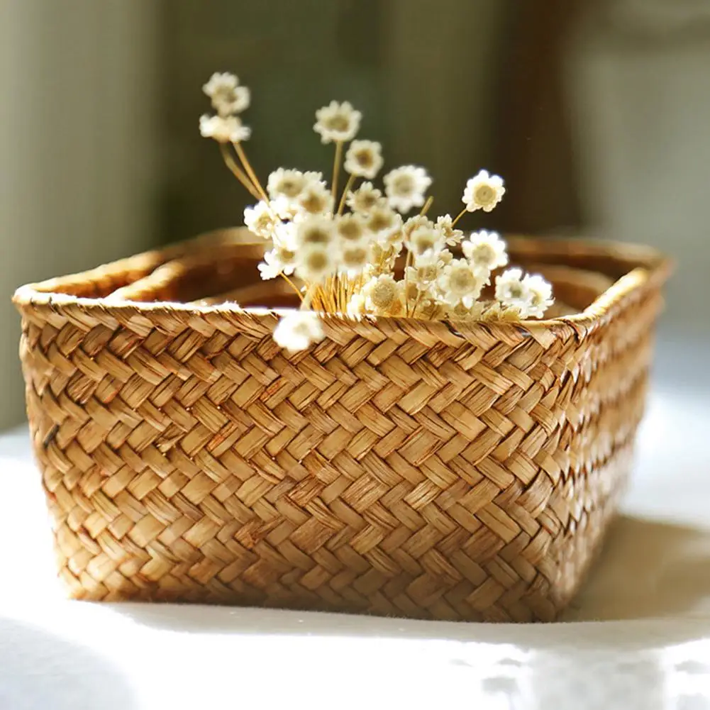 

Handmade Straw Dried Flower Fruit Pot Basket Rattan Box Candy Earphone Organizer Fashion