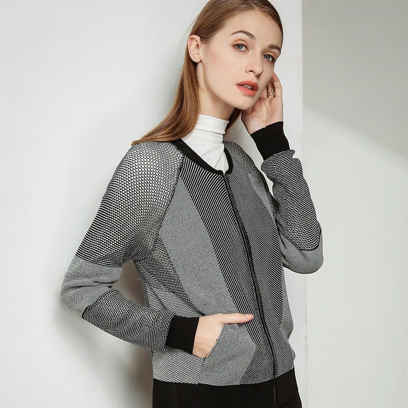 Suit-dress 2019 Spring And Autumn Season New Pattern Hit Color Long Sleeve Low Round Neck Sweater Loose Zipper Short Knitting |