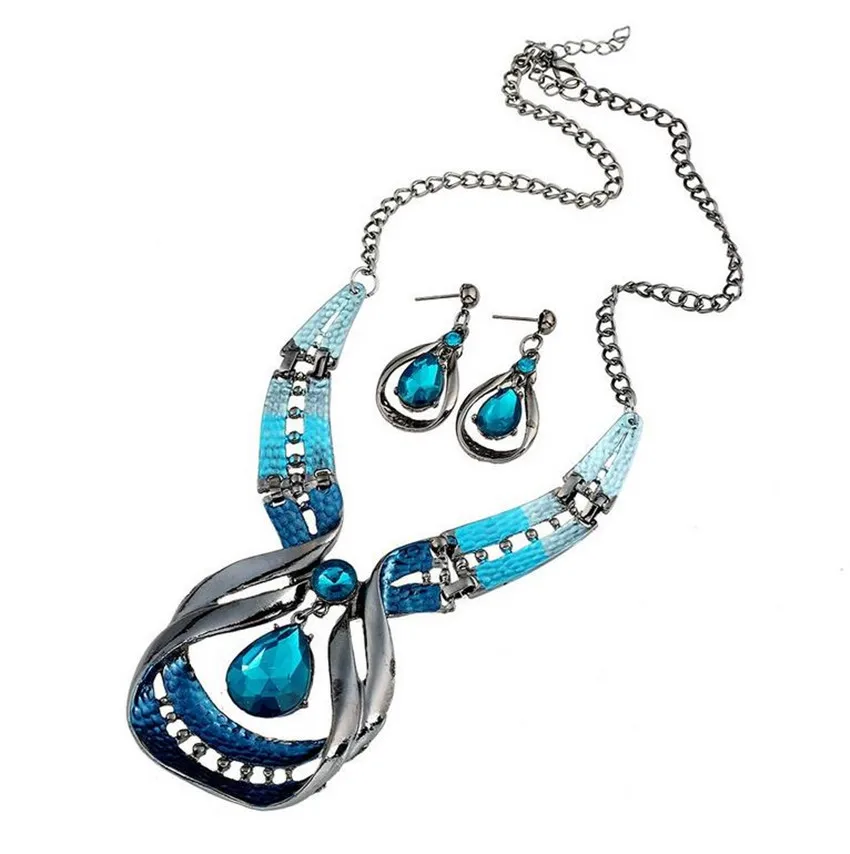 

2018 Blue Jewelry Sets Purple Enamel Jewelry statement Necklace And Waterdrop Earring Set Crystal Jewelry Set Fashion Wedding