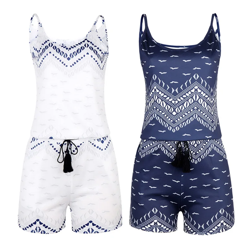 

boho Jumpsuit bohemian White Casual Playsuit Spaghetti Strap Romper Women Bodysuit Combishort Overalls Summer Mono Mujer Verano