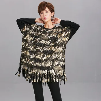 

Tide brand women's spring and autumn new printing letters 200 fat MM large size tassel ladies sweater long-sleeved T-shirt