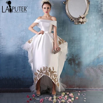 

2017 New Collection Amazing Off The Shoulder Gold Lace Appliques Leaf Vintage Arabic Formal Evening Prom Dresses Laiputer