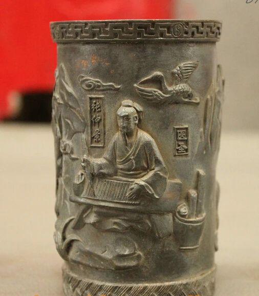 

xd 002992 Famous Medical Chinese Pure Bronze Zhang ZhongJing Statue Brush Pot Pencil Vase