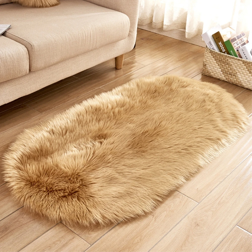RAYUAN Khaki Artificial Wool Oval Carpet Sheepskin Hairy Floor Mat Seat ...