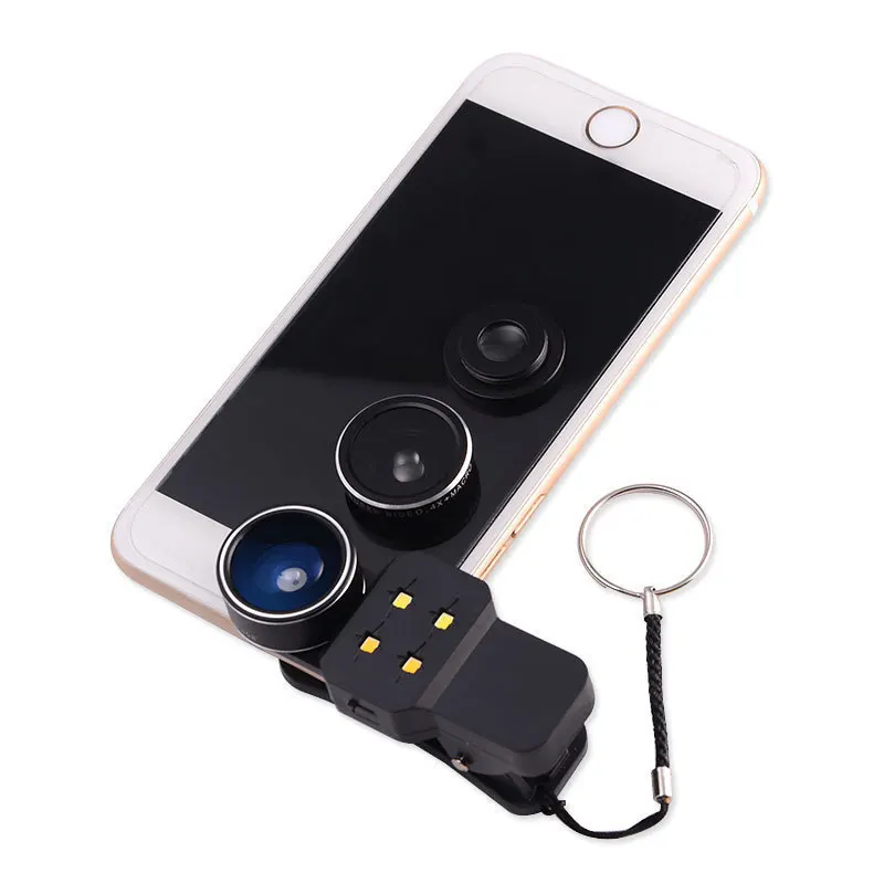 4in1 Kit LED Filling Light Flash with Wide Angle Macro Fisheye Lens