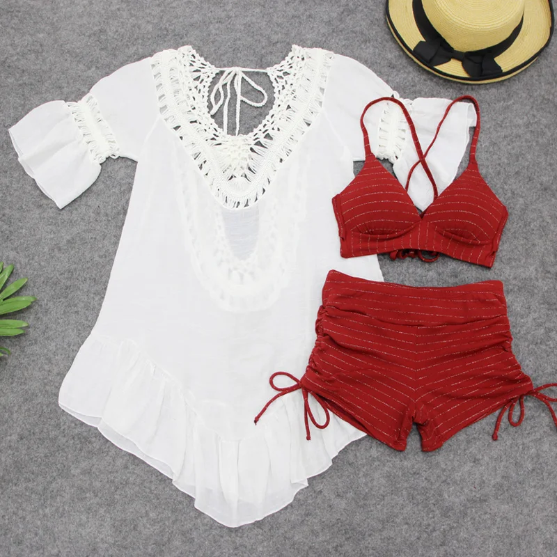 

Summer Retro Sexy Bikini Swimwear Women 3 Pieces Swimsuit with White Lace Hollow Cover-Ups Hot Girls Beach Wear Bathing Suit