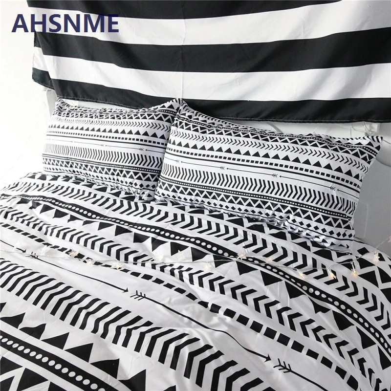 AHSNME الأسود أنماط هندسية المنزل الفراش مجموعة الأبيض أغطية سوبر لينة غطاء ل السرير غرفة نوم الملكة الملك drap دي مضاءة