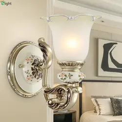 Европейский классический матовый стеклянный светодиодный настенный светильник резная Смола Спальня светодиодные Настенные светильники