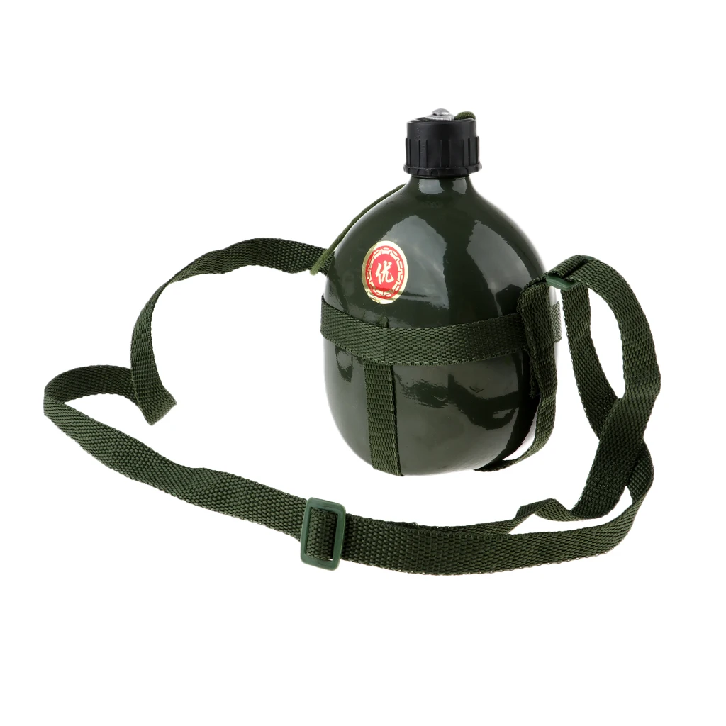 Outdoor Army Green Canteen Water Bottle Camping Retro Aluminum Container W/ Shoulder Strap