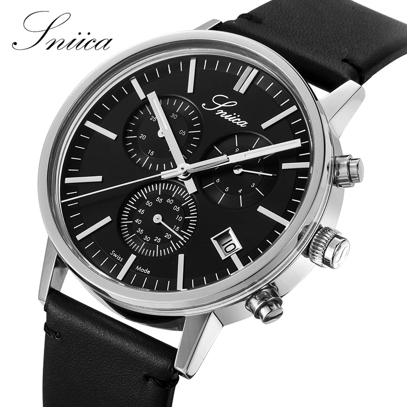 

SNIICA Quartz Watch Men Round three dial 30M Waterproof Luxury WirstWatches leather Watchband Clock Men relogio masculino SN7003