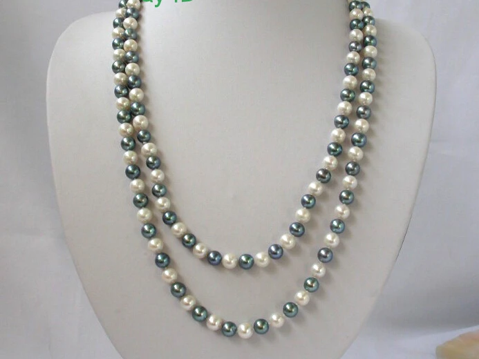 

shippingstunning long 50" 9mm round white peacock black freshwater pearls necklace j241