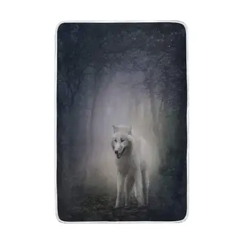 

White Wolf Nature Forest Blanket Soft Warm Cozy Bed Couch Lightweight Polyester Microfiber Blanket