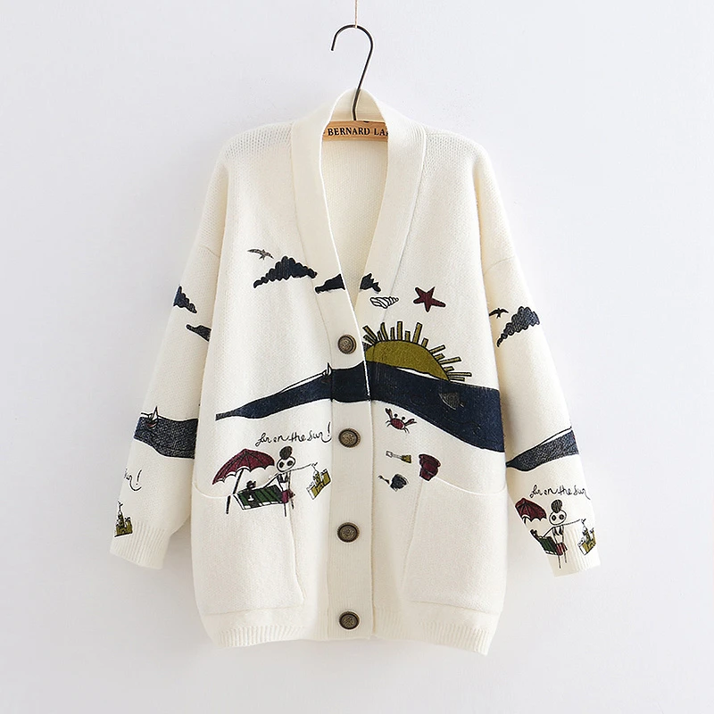 

YoYiKamomo Spring Woman Sweater Knitting 2019 New Japanese Mori Girl V-neck Jacquard Cardigan Sweater Winter