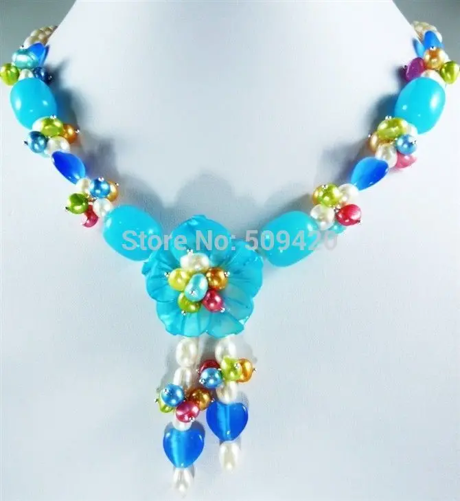 

W&O655 > Fashion multicolor pearl blue jade Necklace Flower Clasp Pendants