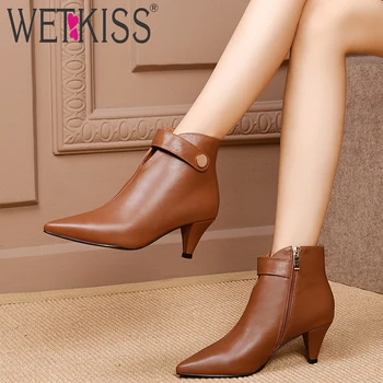

WETKISS Spike High Heels Women Ankle Boots Pointed Toe Footwear Fashion Cow Leather Female Boot Office Shoes Woman Winter 2018