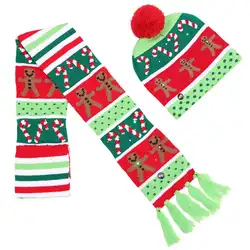 Модная Рождественская елка снег Для детей зима светодио дный трикотажные Кепки теплая шапка шарф набор
