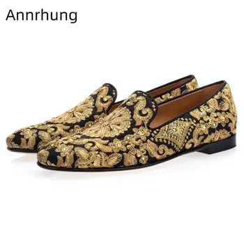 

Luxury Gold Embroidery Men Loafers Black Satin Round Toe Slip On Flats Sewing Flower Dress Shoes Man Chaussure Homme Big Size