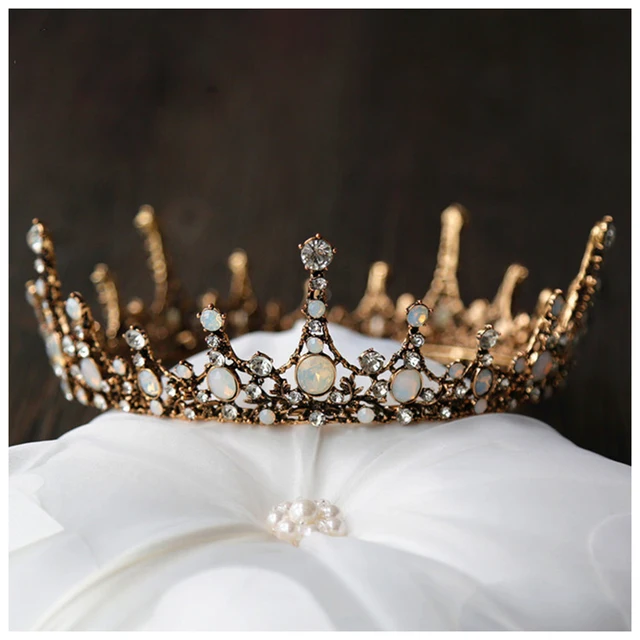 Charm Retro Round Tiara Baroque Bronze Plated Bridal Big Crowns Crystal