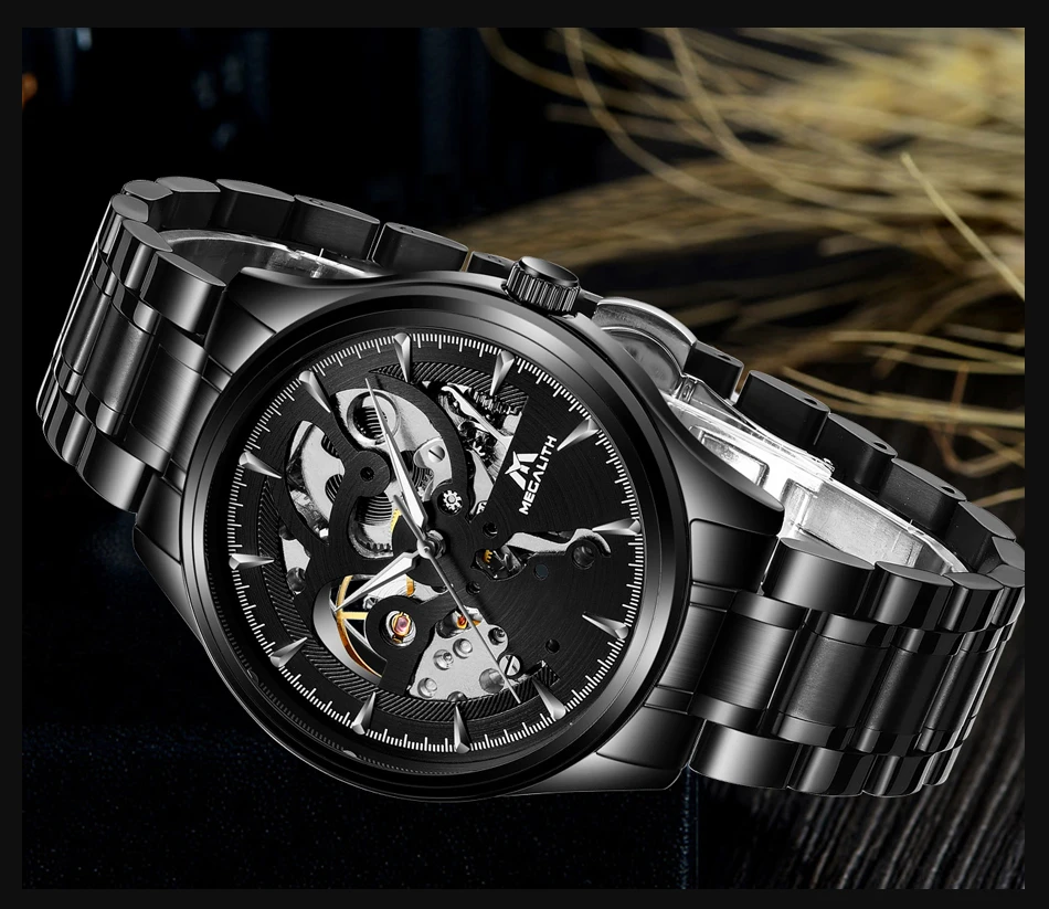 Автоматические механические часы мужские MEGALITH спортивные водонепроницаемые автоматические часы стальной ремешок светящиеся стрелки