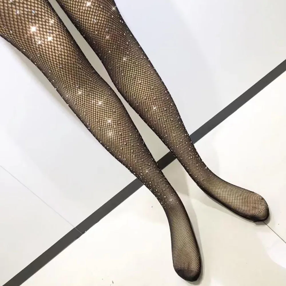 

1Pair 2019 Black Sexy Women's Diamond Fishnet Tights Mesh Pantyhose Rhinestone Nylons Shiny Pantyhose Collant Hosiery Fish Net
