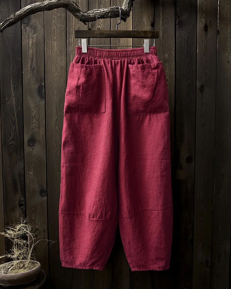 LZJN Baggy Pantalon Women Loose Ankle length Pants Linen Wide Leg Ladies Casual Sand Wash Summer Cool Baggy Trousers with Pocket (9)