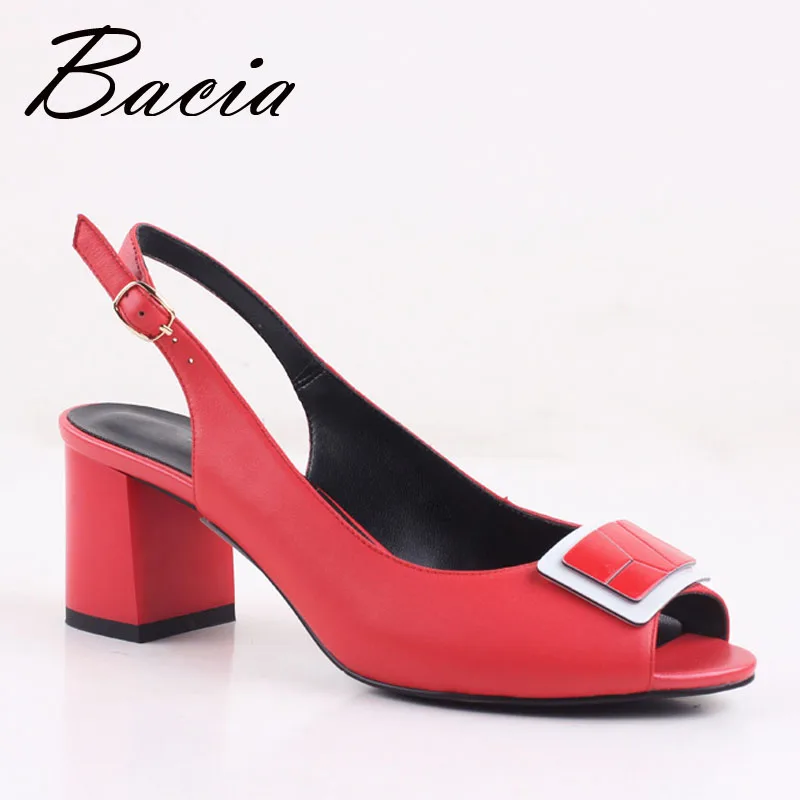 

Bacia Sheep Skin Sandals 2017 New Square Pumps Genuine Leather Red Shoes Women Summer Buckle Strap Sandals 35-41 Size New SA010