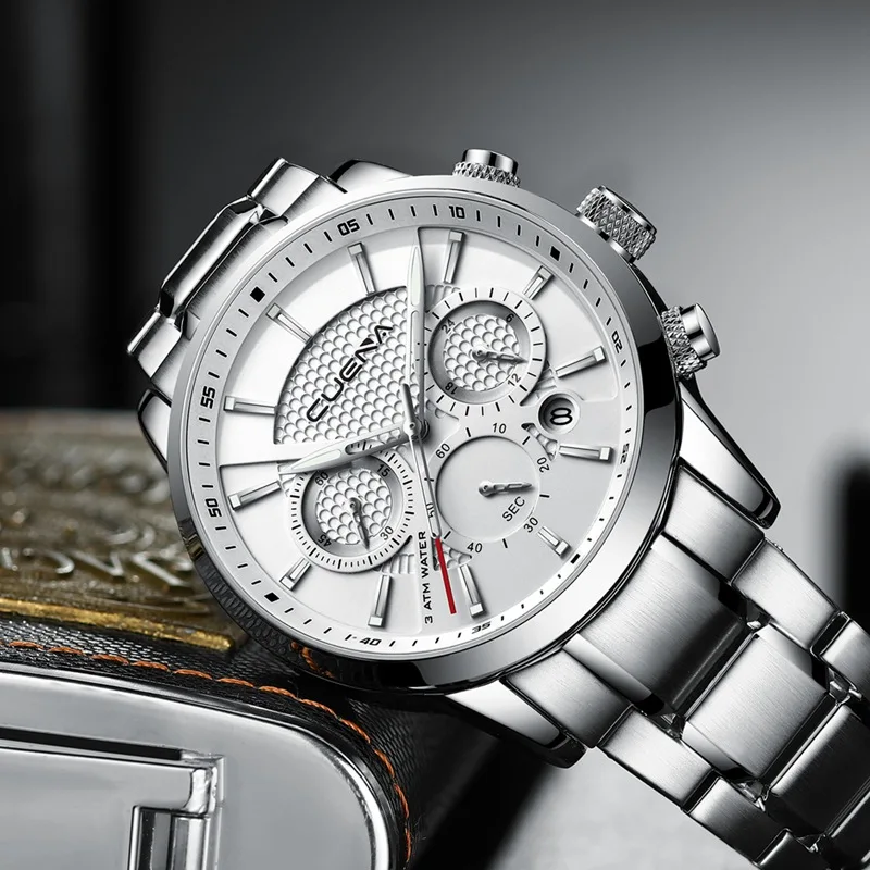 CUENA Men's Watches Chronograph Luminous Hands Auto Date Stainless Steel 30m Waterproof Quartz Watches Men Fashion Watch 2018 CUENA Men's Watches Chronograph Luminous Hands Auto Date Stainless Steel 30m Waterproof Quartz Watches Men Fashion Watch 2018