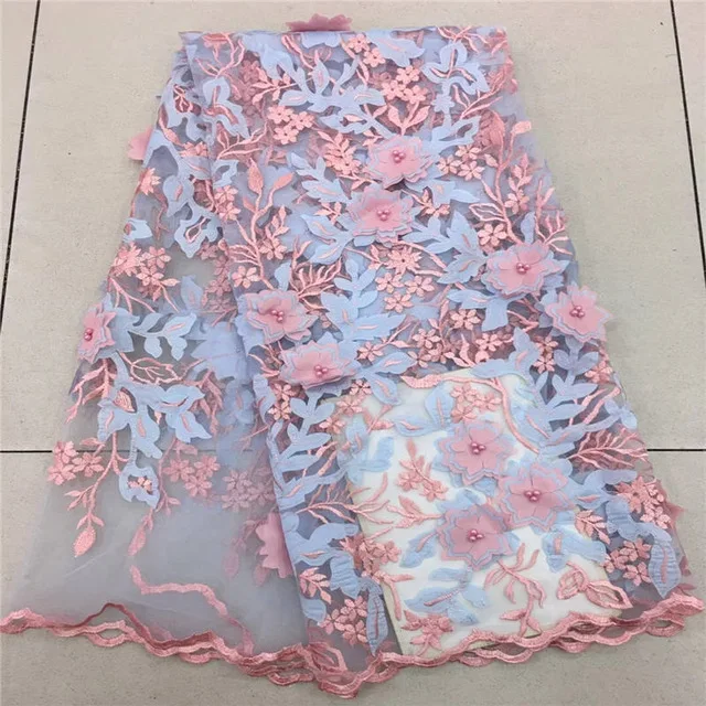 

New Selling Bridal French Lace Fabric Beaded 3D Flowers African Tulle Lace Fabric 5 Yards Per Lot Net Lace Fabric For Dress