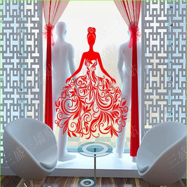 Wedding Dress Wall Sticker Glass Wall Decorations Lady Girls Women Store Decoration Clothing