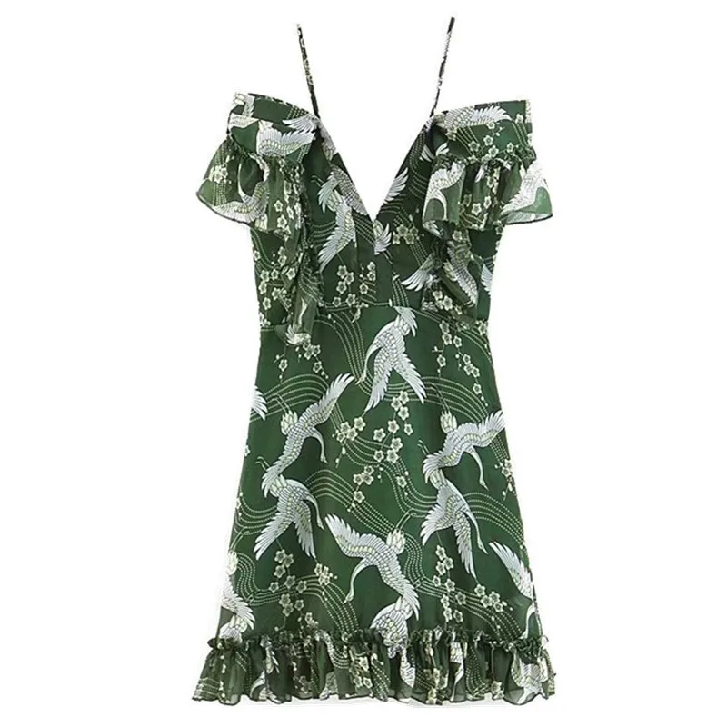 

2019 Retro Green Bird Crane Print Spaghetti Strap Short Dress Ruffles Sleeve Hem Slim Waist Women Summer Dresses