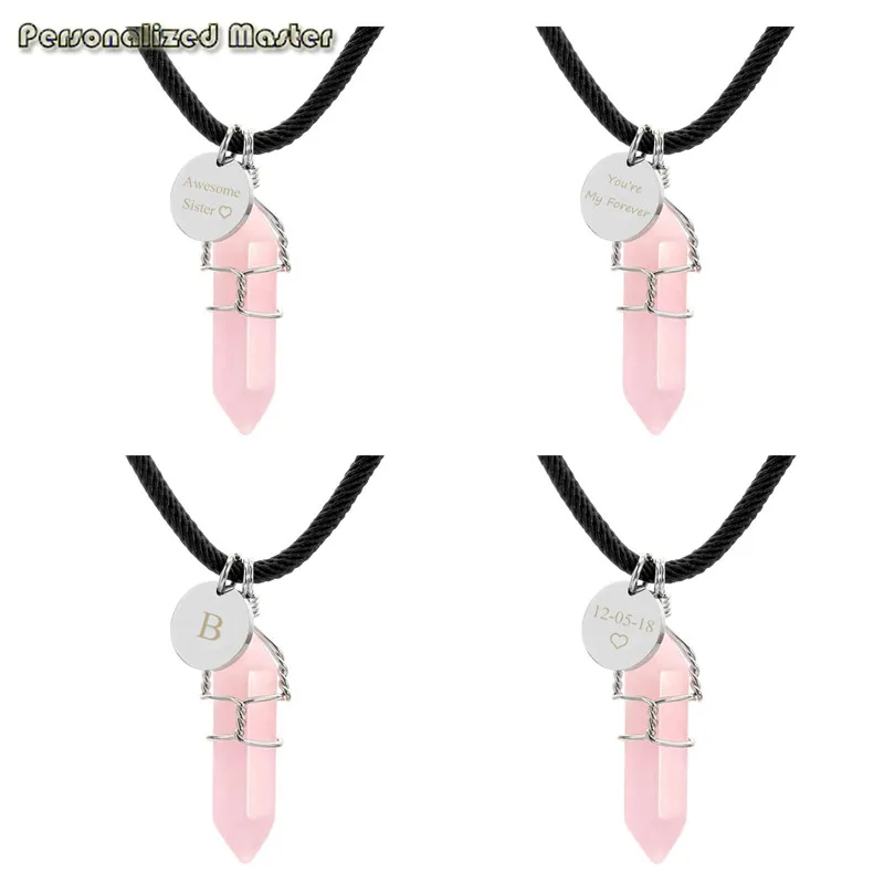 

Personalized Master Engraving Name Word Tag Necklace with purple Pink Stone Healing Crystals Hexagonal Point Pendant DIY Jewelry