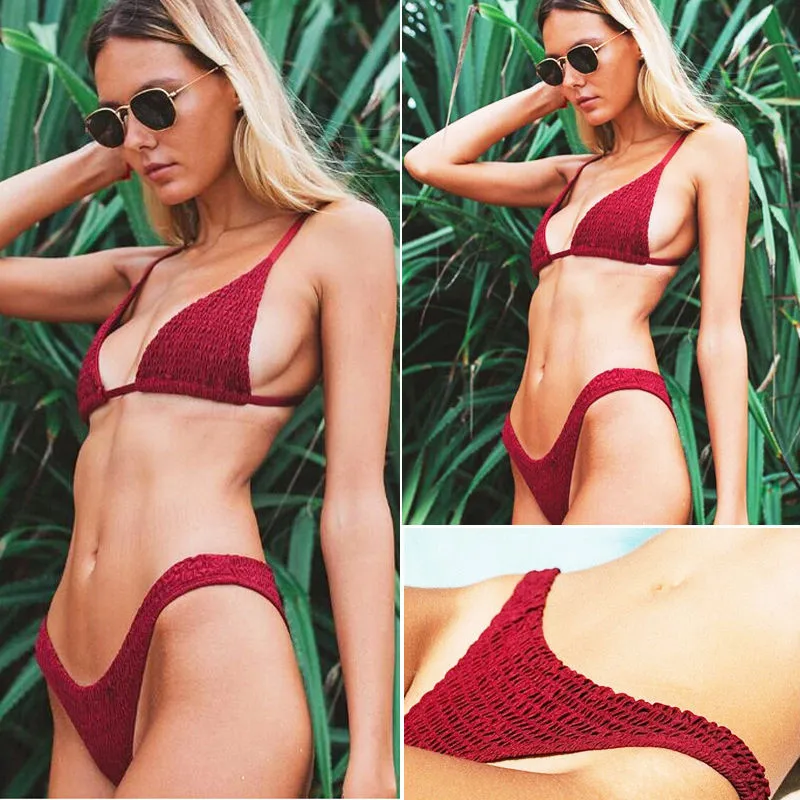 Image New Women Bikini Set Solid color pleated seersucker bikinis  Push up Padded Bra Swimsuit Swimwear Triangle Bathing Suit